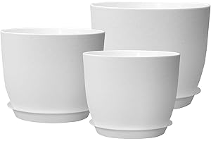 PROFIKLA 20cm, 18cm, 16cm Plastic Plant Pots, Plant Pots with Drainage Holes and Saucers, A Set of 3 Flower Pots, Modern Decorative Planters, White