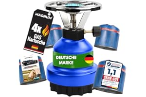 ‎MAGNUM Magnum Camping&Gaskocher Set E190 mit 4 Gaskartuschen Gasherd/Kochfeld 1-flammig geeignet für Outdoor, Freizeit, Wanderung, Picknick Camping und Veranstaltungen…