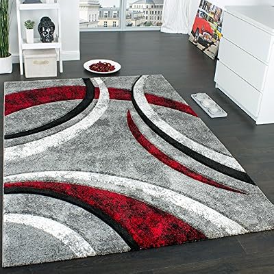 Paco Home Tapis Design à Contours Motif Ligné Moucheté Gris Noir Rouge Crème , Dimension:120x170 cm