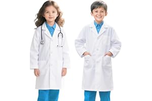 FAHAKO Laborkittel Kinder Baumwolle Arztkittel Kinder Wissenschaftler Kittel für Junge Mädchen, Weiß Arzt Kostüm Doctor Labormantel Langarm Medizin Chemie Kittel für Schüler Studium Malen Karneval
