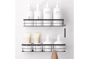 LAJIAKE Duschablage Ohne Bohren Schwarz, 2 Stück Edelstahl Duschregal Mit 5 Haken, Shampoo Halterung Für Dusche, Badezimmer Organizer, Duschkorb Zum Kleben, Shower Shelf Für Küche Und Bad