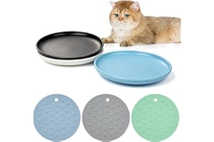 DORAKITTEN Ceramic Cat Bowls 3 Packs, Whisker Stress Free Cat Feeding Plates with 3 Non-Slip Mats, Wide & Shallow Cat Food Dish to Relieve Whisker Fatigue, for Cats, Kittens, Puppies, Dishwasher Safe