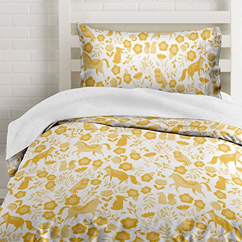 Marigold Yellow Folktale Forest Animals Duvet Cover Twin Size Bedding, White and Gold Woodland Creatures