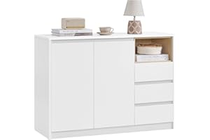 VASAGLE Kailyn Collection - Buffet, Armoire de Rangement, avec Porte et Étagère Réglable, 3 Tiroirs, Moderne, 40 x 103,3 x 74,5 cm, Salon, Salle à Manger, Bureau, Blanc Nuage BBK273W21V1