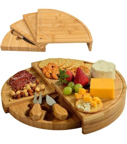 Plateau à Fromage Rotatif En Bois Avec Couteaux - Diamètre 20 Cm, 4 Couteaux Inclus - Pour Apéro, Pique-nique - 4