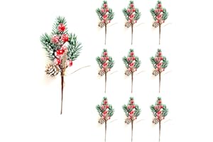 RXXR 10 pezzi di bacche di Natale rosse steli di pino sempreverdi pigne artificiali di Natale Agrifoglio gambo ornamenti artigianali fiocchi di neve picconi di pino