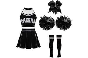 Doomiva Mädchen Cheer Leader Kostüm set Tanzbekleidung Set Crop Top und Minirock Tanzanzug mit Pompoms, Harrband, Overknee Streifen Socken