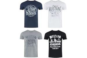 MUSTANG Herren T-Shirt 4er Pack Frontprint O-Neck Rundhalsausschnitt Kurzarm Regular Tee Shirt 100% Baumwolle Schwarz Weiß Grau Blau Grün S M L XL XXL 3XL 4XL 5XL 6XL