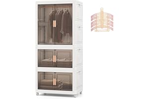 COSTWAY Portable Wardrobe with 10 Retractable Hangers, 421L Foldable Plastic Clothes Cabinet with Doors and 4 Wheels, Mobile Collapsible Stackable Storage Boxes Containers Closet Organizer for Bedroom