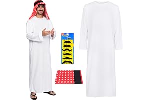 Aomig Arabisk sheikh-kostym, arabisk sheik, herr, cosplay | Vit klänning, roliga klädtillbehör med halsduk och skägg för cosplay-temafester, fester, karneval, halloween