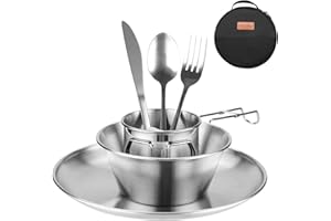Camping Cutlery Set - ISFORU Stainless Steel Tableware Mess Kit Includes Plate Cup Bowl Cutlery with Mesh Bag, Dinnerware Utensils Set for Outdoor Camping Hiking and Picnic