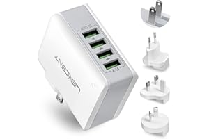 LENCENT Chargeur USB Multiple, 4 Ports USB Secteur Internationale, 5V/4.4A Adaptateur Prise Anglaise/Europe/Americaine/Australie avec Technologie Smart IC pour iPhone, iPad, Smartphones et Plus