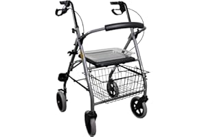 Drive Medical Rollator GIGO aus Aluminium I Reiserollator klappbar, inkl. Korb, Sitztablett & Stockhalter I Gepolsterte Rückenlehne, ergonomische Griffe & Bremsen I belastbar bis zu 120kg