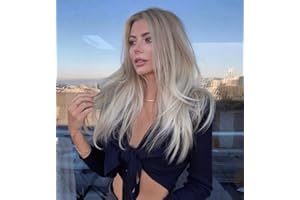 VEBONNY Braune Ombre Aschsilber Perücken, Gerades Kunsthaar Kleberfreie Perücken für Frauen, Ombre Blonde Perücke mit Braunen Wurzeln, 20 Zoll, VEBONNY-080