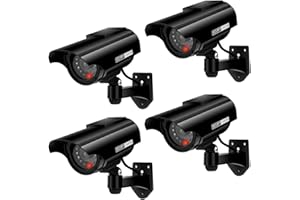 Fake Dummy Imitation CCTV Security Camera, AlfaView Solar Powered Surveillance Camera with Flashing LED Light Bullet Shape, Outdoor Indoor Use for Homes & Business, Black-4 Pack
