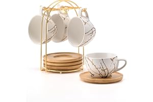 Home Decor Ceramiczne kubki do cappuccino, zestaw 4 sztuk, 220 ml, możliwość układania w stos, z metalowym stojakiem, dla miłośników kawy, cappuccino, latte, Americano i herbaty, kolor biało-złoty