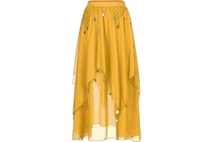 inhzoy Femme Jupe de Danse du Ventre Belly Jupe Longue Danse Orientale en Mousseline de Soie Foulard à Sequin Écharpe Costume Performance Dansewear