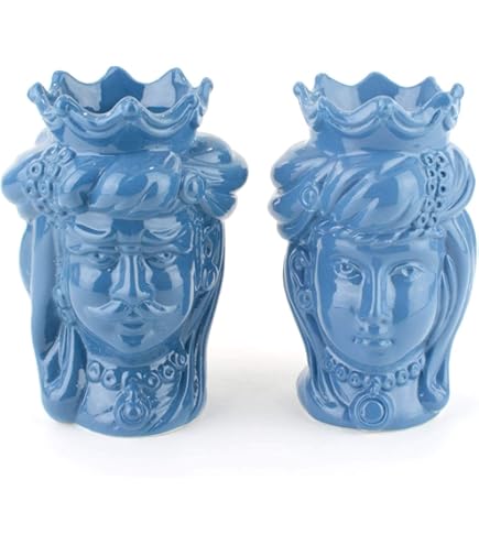 Coppia Teste Di Moro Siciliane In Ceramica - Regina E Re Decorati A Mano In Blu E Oro, H25cm - Foto 11