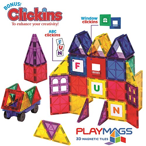 Playmags 100 + 18 Teiliges Set: Jetzt mit noch kräftigeren Magneten, robust, extrem strapazierfähig mit farbenfrohen klaren Platten. 18-teiliges Clickin-Zubehör, um Ihrer Kreativität keine Grenzen zu setzen! - 2