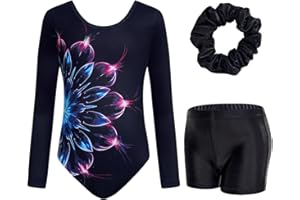 JiAmy Gymnastics Leotards for Girls Cross Back, Long Sleeve Sparkly Dance Biketards with Shorts Ballet Outfit for 3-12 Years