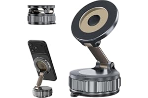 Bigtruely Soporte Magnetico Movil Coche Plegable Giratorio 360°, mag-Safe Soporte Movil Coche Iman Ventosa Suporte Telemovel Carro Brazo Metálico Ajustable para iPhone 16 15 14 13 12, Negro Profundo
