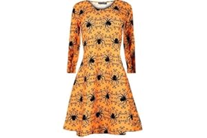 FASHION STAR Oops Outlet Womens Ladies Long Sleeves Pumpkin Cobweb Bats Skulls Flared Smock Skater Swing Mini Dress Top Plus Size 8-34