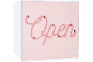 Kuhla 45L Mini Fridge with Ice Box, Stylish Design, Inc Adjustable Thermostat, Door Racks and Removable Shelf, Small Drinks Fridge Ideal for Home and Office – Open Sign Pink, White KTTF4GB-1025-E