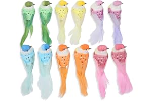 DEMIAWAKING IT 12pcs Uccelli Decorativi Colorati Uccellini Finti con Piume Uccelli Artificiali con Clip Ornamenti Decorazioni per Giardino,Casa (Testa Colorata)