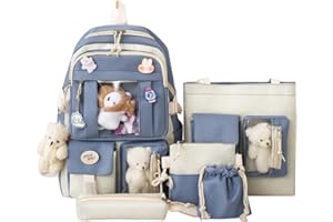 LYEAA Ensemble de 5 sacs à dos d'école en toile Kawaii pour filles et étudiantes, grande capacité, joli sac à dos de voyage esthétique japonais Harajukue avec accessoires pour l'école, bleu, 43CM*30CM*13CM