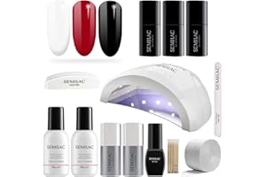 Semilac Love Me Gel Nail Starter Set Kit with UV 24/48W Nail Lamp, 3 Soak Off Gel Polish Colours, (Red, White & Black), Manicure Tools, Top No Wipe & Extend Base Coat, Top Mat, Remover, Cleaner