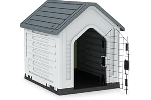 GYMAX Caseta para Perros, Casa de Plástico para Perros con Puerta Metálica Bloqueable, Techo Inclinado, Buena Ventilación, Refugio para Animales Adecuado para Interior, Exterior (Gris)