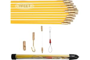 SUNDEER 11' Fiberglass Electrical Connectable Fish Tape Pull Kit, Cable Rod Set with Hook and Hole Kit in Transparent Tube (Yellow, 10Rods x 33cm)