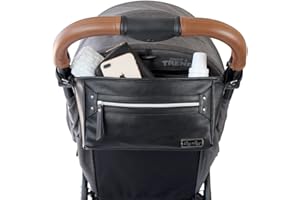 Itzy Ritzy Adjustable Stroller Caddy - Stroller Organizer Featuring Two Built-in Pockets, Front Zippered Pocket and Adjustable Straps to Fit Nearly Any Stroller, Black with Silver Hardware