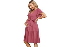 KOJOOIN Women's Maternity Dress V-Neck Nursing Dress Casual Pregnancy Dresses with Ruffle (Reusable Packaging)