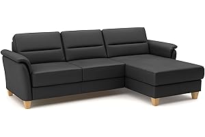‎CAVADORE CAVADORE Leder-Ecksofa Palera mit Longchair / Landhaus-Couch mit Federkern + massiven Holzfüßen / 244 x 89 x 163 / Leder Schwarz