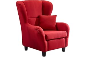 lifestyle4living | Moderner Ohrensessel in Rot | Wellenunterfederung, Echtholzfüße & Zierkissen inklusive | gemütlicher Designer Sessel im zeitlosen Landhaus-Stil