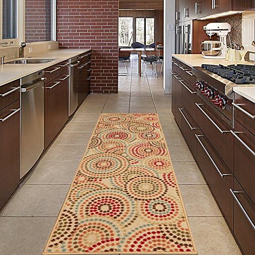 Diagona Designs Contemporary Circles Design Modern Non-Slip Kitchen/Bathroom/Hallway Area Rug Runner, 20" W x 59" L, Beige/Multi Color