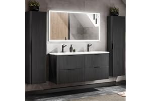 ‎LOMADOX Lomadox Badezimmermöbel Badmöbel Komplett Set, matt schwarz Rillenoptik, 120cm Waschtisch mit Unterschrank, Keramik Waschbecken, LED-Spiegel, 2 Hochschränke, B/H/T 170/200/46 cm