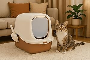 DOMO CORPORATION LTD Enclosed Cat Litter Tray Box with Scoop – Covered Hooded Jumbo Litter Box with Flap Door – Detachable Lid for Easy Cleaning – Odour Control Portable Toilet for Large Cats & Kittens (Brown)