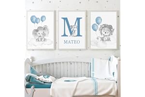 YOUIHOM 3 Laminas Animales con Nombre Cuadro Habitacion Niño Globos Azul y Beige Poster León Elefante Nubes Lienzo Personalizado Bebe Infantil 30 x 40 cm sin Marco