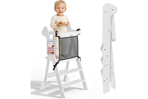 COSYLAND Lernturm ab 1 Jahr klappbar – iF Design Award Gewinner, höhenverstellbarer Lernturm mit Sicherheitsnetz, Montessori Learning Tower/Lernstuhl für Kinder, Foldi (Weiß)