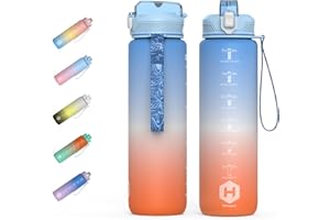 HOMEEX 1L (32oz) Motivational Water Bottle, BPA-free Sports Water Bottle with Time Marker - Quotes - One-Click Technology Ideal for Jogging, Hiking, Office, School, Adults, Children (Blue & Orange)