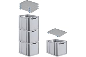 PROREGAL SuperSparSet 4x Eurobox NextGen Grip mit Auflagedeckel & 4 blauen Schiebeschnappverschlüssen, HxBxT 32x30x40cm, 30 L, Grau, Griffe offen, Eurobehälter, Transportbox