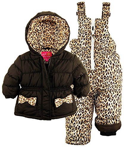 Pink Platinum Baby Girls Leopard Printed Two Piece Snowsuit Ski Bib Pant Set, Black, 18 Months