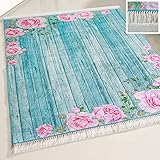Farbecht mynes Home Teppich Türkis Waschbar Shabby Chic Landhausstil Designer Teppich Küche Wohnzimmer Bad etc. Waschmaschinengeeignet Rosen Blumen Design rutschhemmend (120cm x 170cm)
