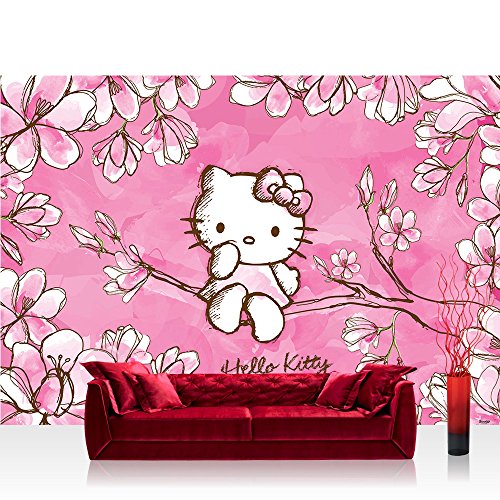 Fototapete 368x254 cm PREMIUM Wand Foto Tapete Wand Bild Papiertapete - Mädchen Tapete Hello Kitty - Kindertapete Cartoon Katze Blumen Baum Kinder pink - no. 1023