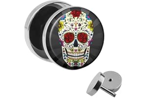 Treuheld | Ohrstecker zum Schrauben - bunter Mexican Sugar-Skull Toten-Kopf - schwarz-grau - Motiv Fake-Plug Ø 10mm Silber - Edel-Stahl Ohr-Ringe - Chirurgen-Stahl Fake-Tunnel - Gewinde Ohr-Stecker
