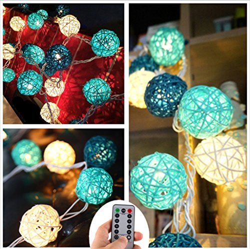 20 LED Boule de Rotin Ball Guirlandes Lumineuses Chambre Batterie Blanc Chaud Décor Pour étonnement Proposer Chambre d'enfant [Télécommande,8 Mode,Minuteur Automatique,Dimmable,Ball Diamètre:5.2cm]