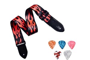 BAVOOTY Regulowany Pasek do Gitary Elektrycznej, Akustycznej, Basowej i Westernowej - Zestaw z 5 Kostkami, Czerwony, L