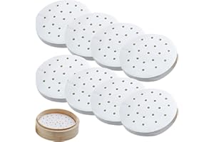 FortuneGlobe 200pcs de papier perforé 18 cm en bambou pour cuisson à la vapeur et à la vapeur，7 Pouces de parchemin antiadhésif comme papier dim sum, Friteuse à air (200pcs 18cm)